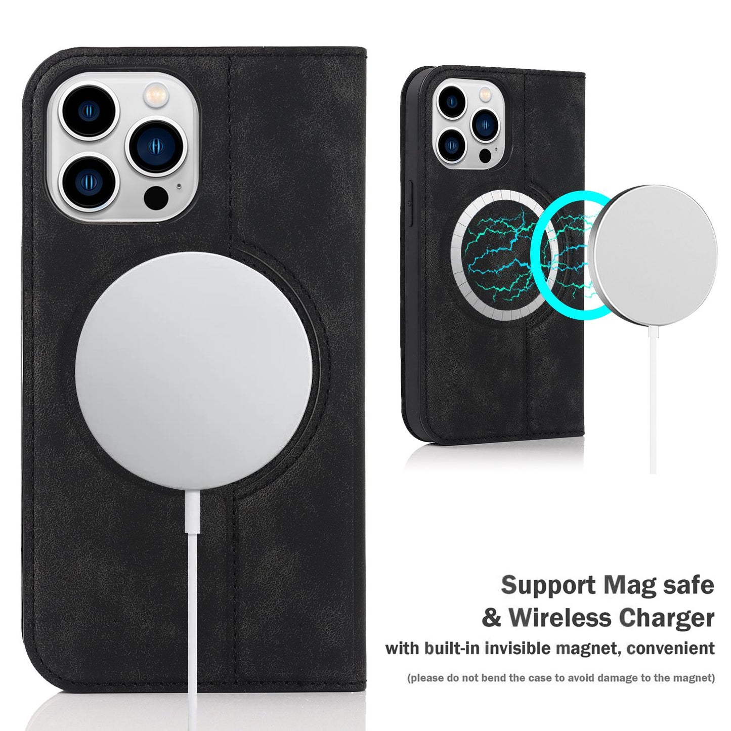 For iPhone 13 Pro 6.1 inch RFID Blocking Phone Cover PU Leather Card Holder Stand Case Compatible with MagSafe Charging