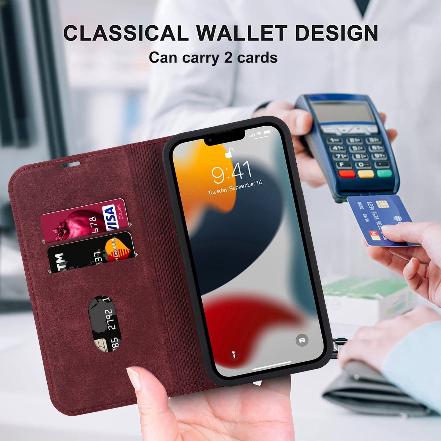 For iPhone 13 Pro 6.1 inch RFID Blocking Phone Cover PU Leather Card Holder Stand Case Compatible with MagSafe Charging
