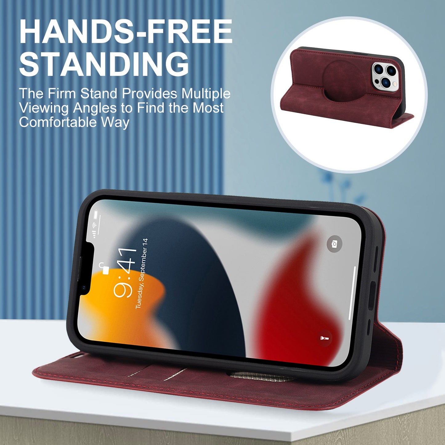 For iPhone 13 Pro 6.1 inch RFID Blocking Phone Cover PU Leather Card Holder Stand Case Compatible with MagSafe Charging