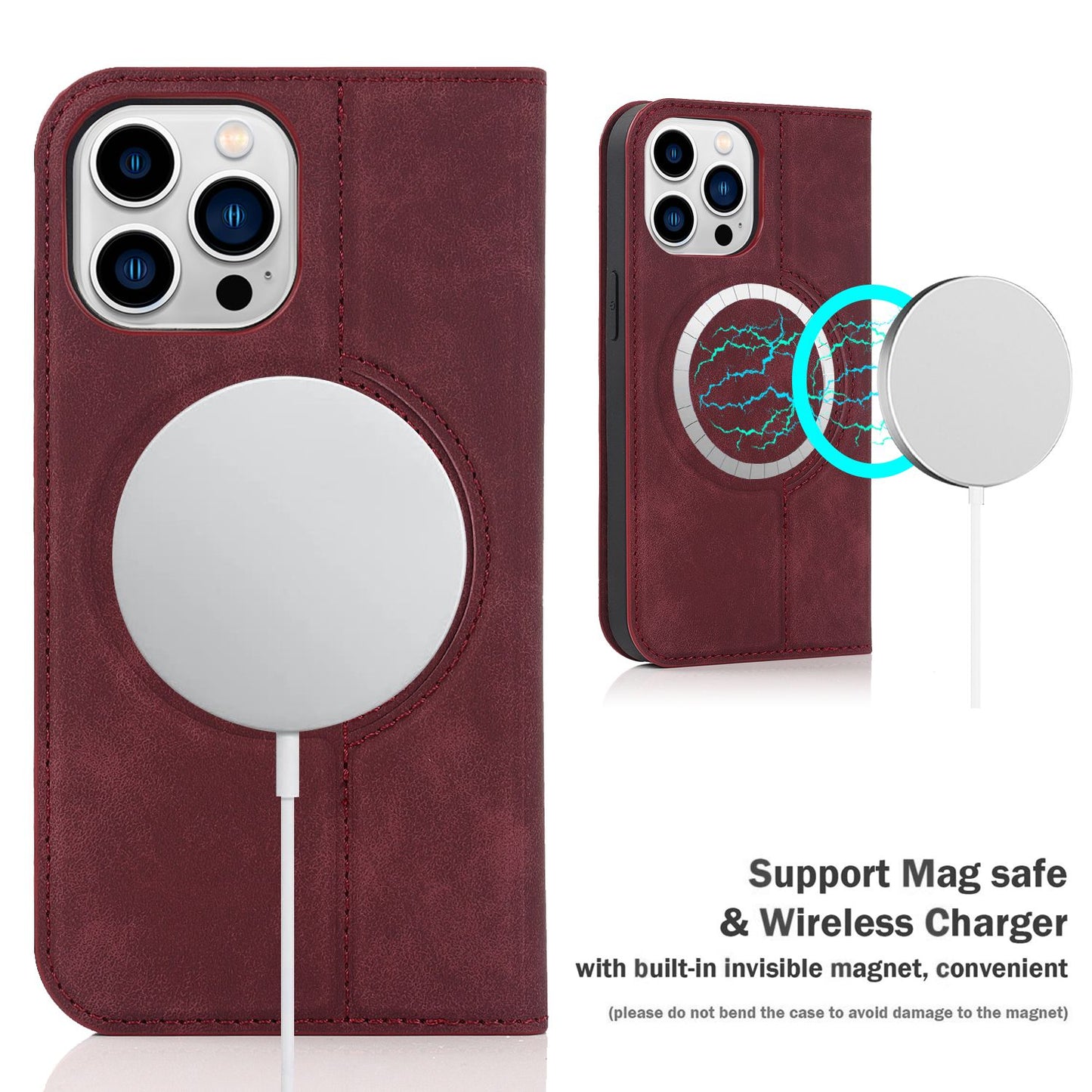 For iPhone 13 Pro 6.1 inch RFID Blocking Phone Cover PU Leather Card Holder Stand Case Compatible with MagSafe Charging