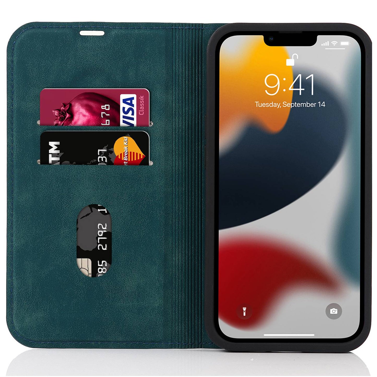 For iPhone 13 Pro 6.1 inch RFID Blocking Phone Cover PU Leather Card Holder Stand Case Compatible with MagSafe Charging