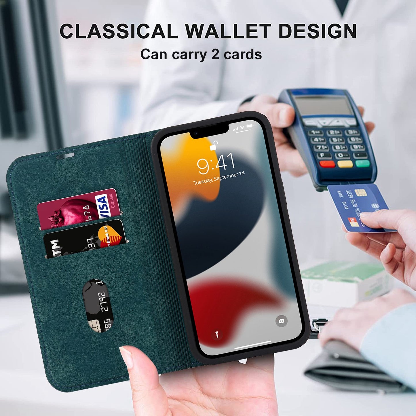 For iPhone 13 Pro 6.1 inch RFID Blocking Phone Cover PU Leather Card Holder Stand Case Compatible with MagSafe Charging