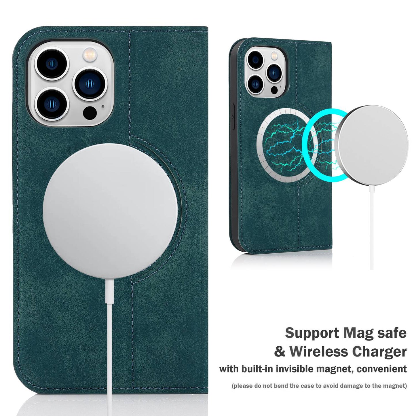 For iPhone 13 Pro 6.1 inch RFID Blocking Phone Cover PU Leather Card Holder Stand Case Compatible with MagSafe Charging