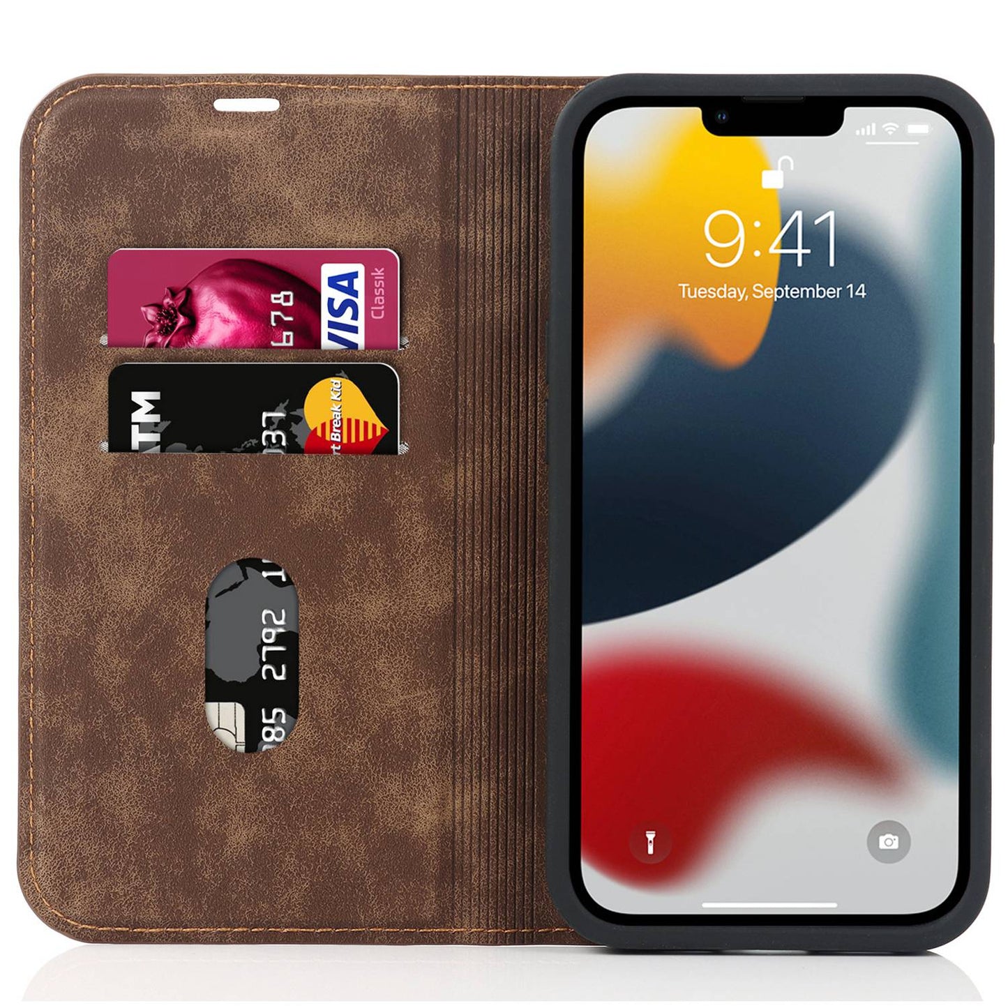 For iPhone 13 Pro 6.1 inch RFID Blocking Phone Cover PU Leather Card Holder Stand Case Compatible with MagSafe Charging