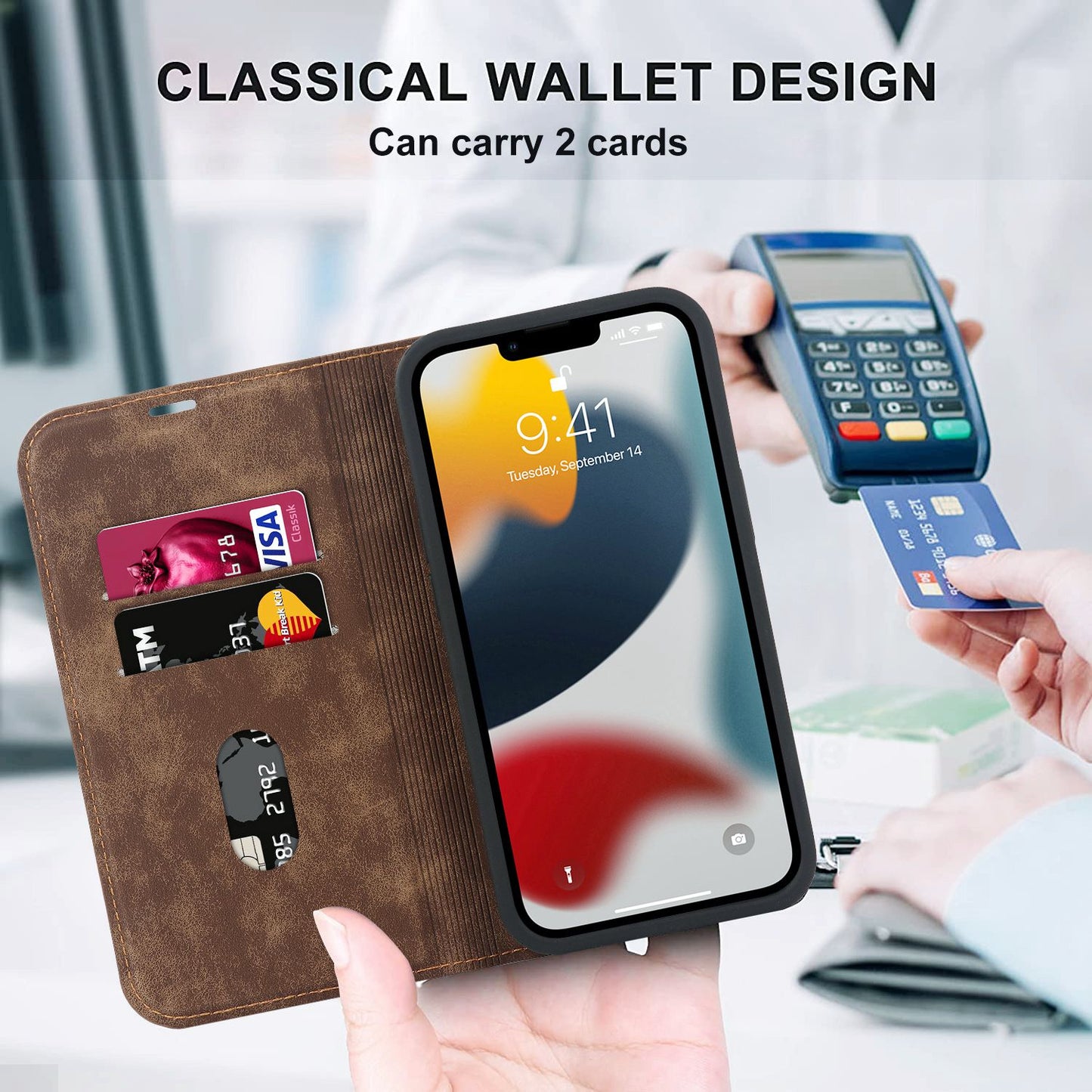 For iPhone 13 Pro 6.1 inch RFID Blocking Phone Cover PU Leather Card Holder Stand Case Compatible with MagSafe Charging