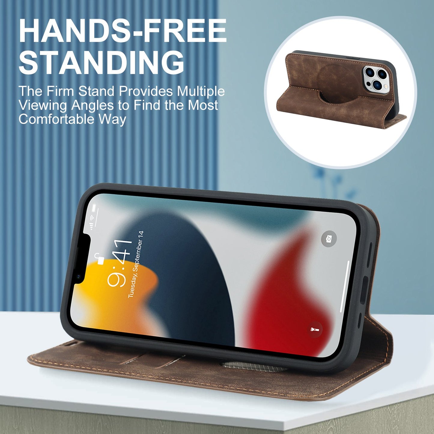 For iPhone 13 Pro 6.1 inch RFID Blocking Phone Cover PU Leather Card Holder Stand Case Compatible with MagSafe Charging