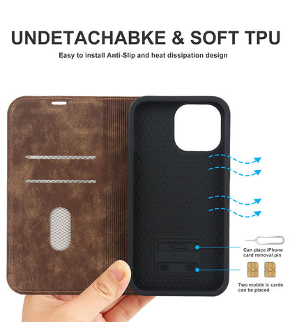 For iPhone 13 Pro 6.1 inch RFID Blocking Phone Cover PU Leather Card Holder Stand Case Compatible with MagSafe Charging