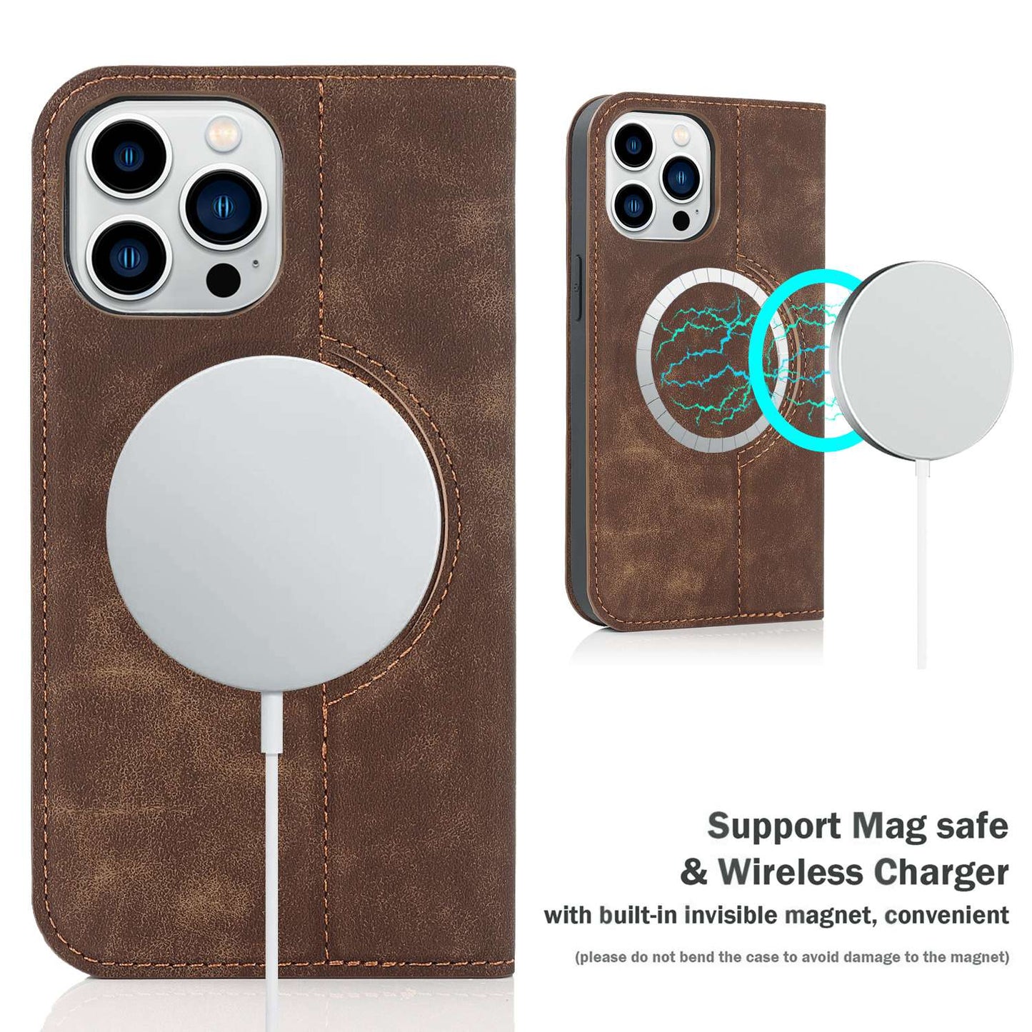 For iPhone 13 Pro 6.1 inch RFID Blocking Phone Cover PU Leather Card Holder Stand Case Compatible with MagSafe Charging