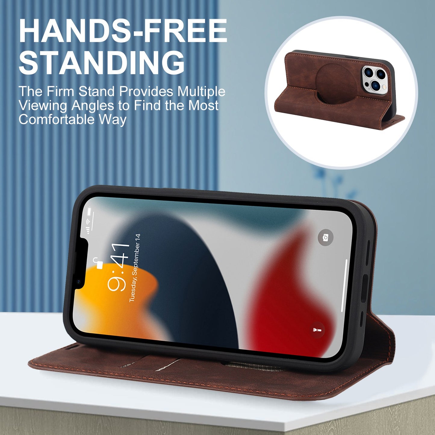 For iPhone 13 Pro 6.1 inch RFID Blocking Phone Cover PU Leather Card Holder Stand Case Compatible with MagSafe Charging