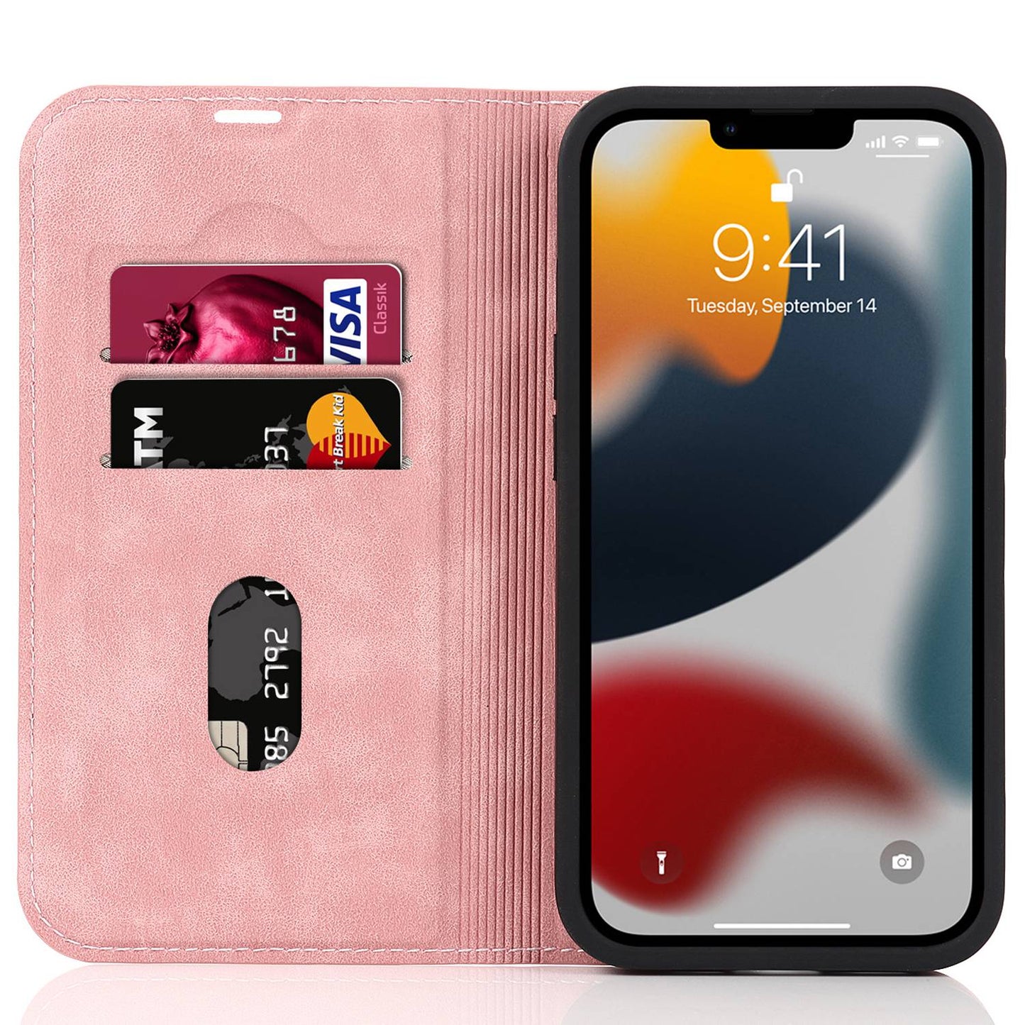 For iPhone 13 Pro 6.1 inch RFID Blocking Phone Cover PU Leather Card Holder Stand Case Compatible with MagSafe Charging