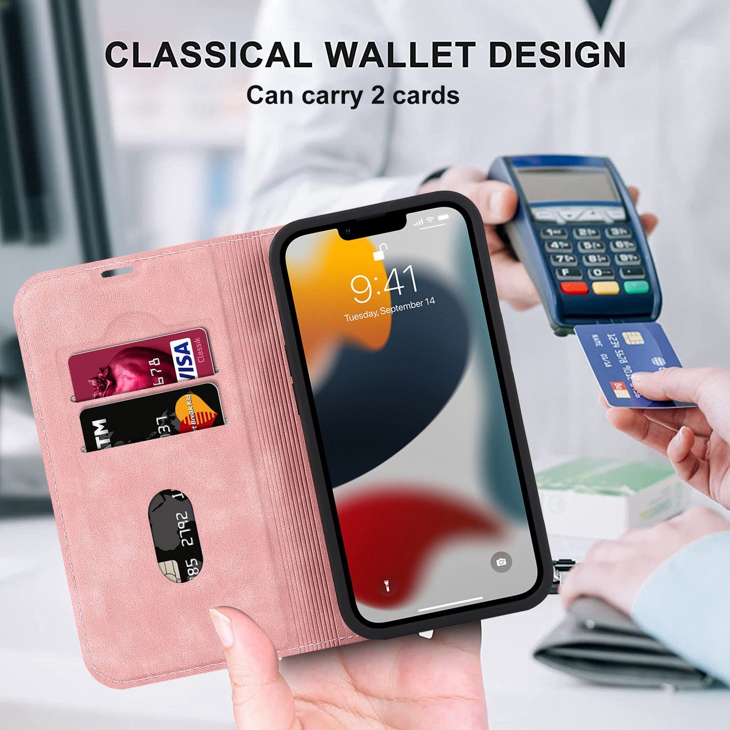 For iPhone 13 Pro 6.1 inch RFID Blocking Phone Cover PU Leather Card Holder Stand Case Compatible with MagSafe Charging