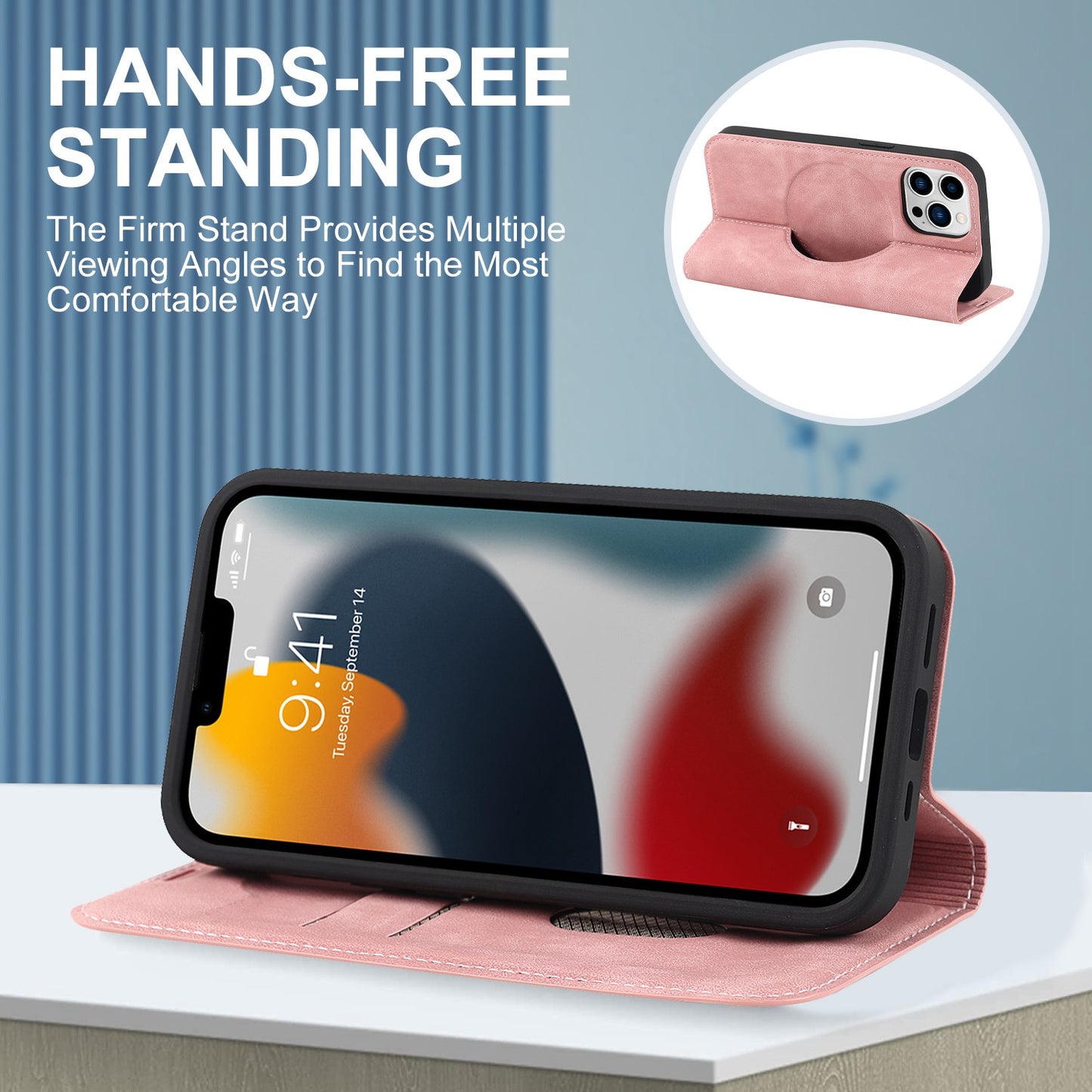 For iPhone 13 Pro 6.1 inch RFID Blocking Phone Cover PU Leather Card Holder Stand Case Compatible with MagSafe Charging