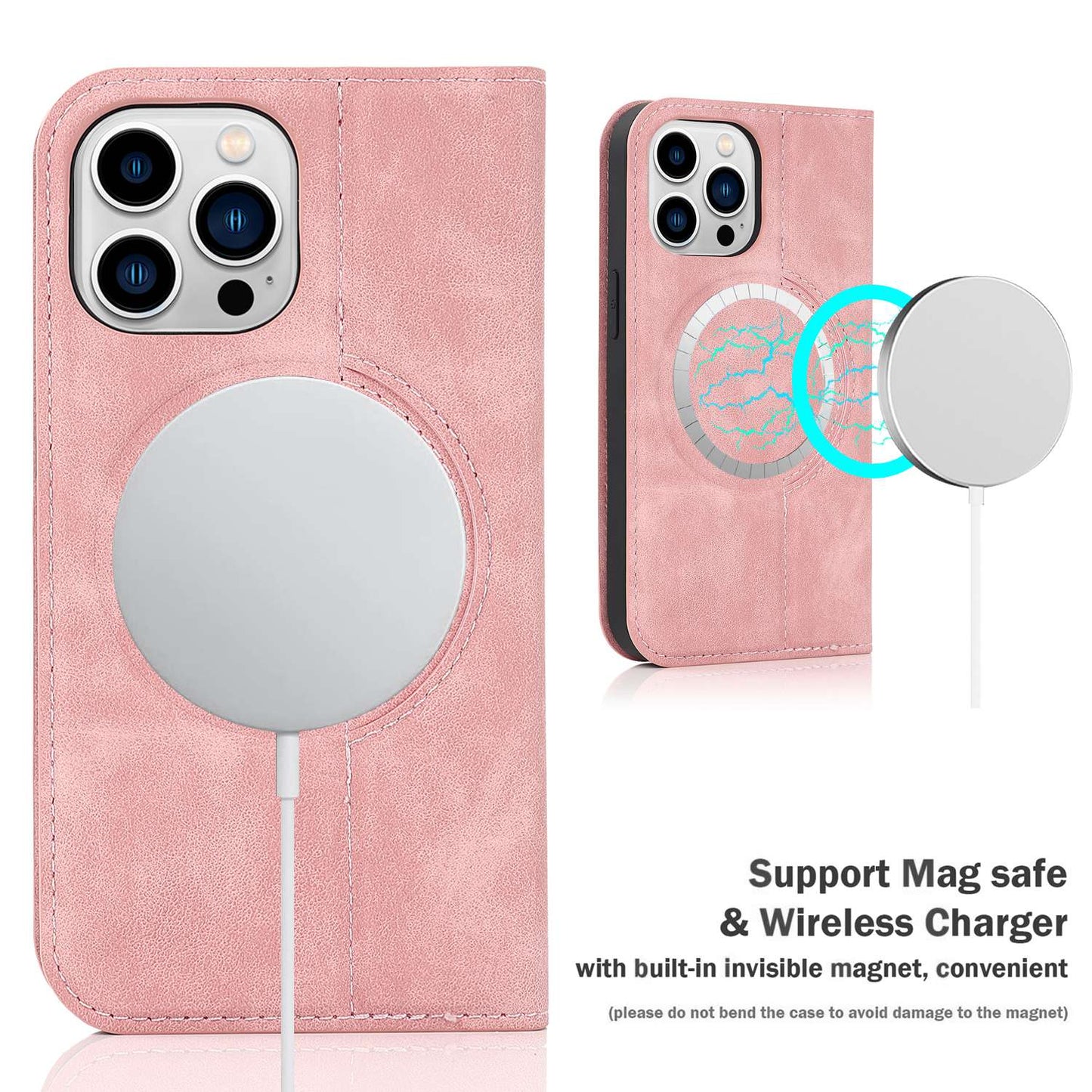 For iPhone 13 Pro 6.1 inch RFID Blocking Phone Cover PU Leather Card Holder Stand Case Compatible with MagSafe Charging