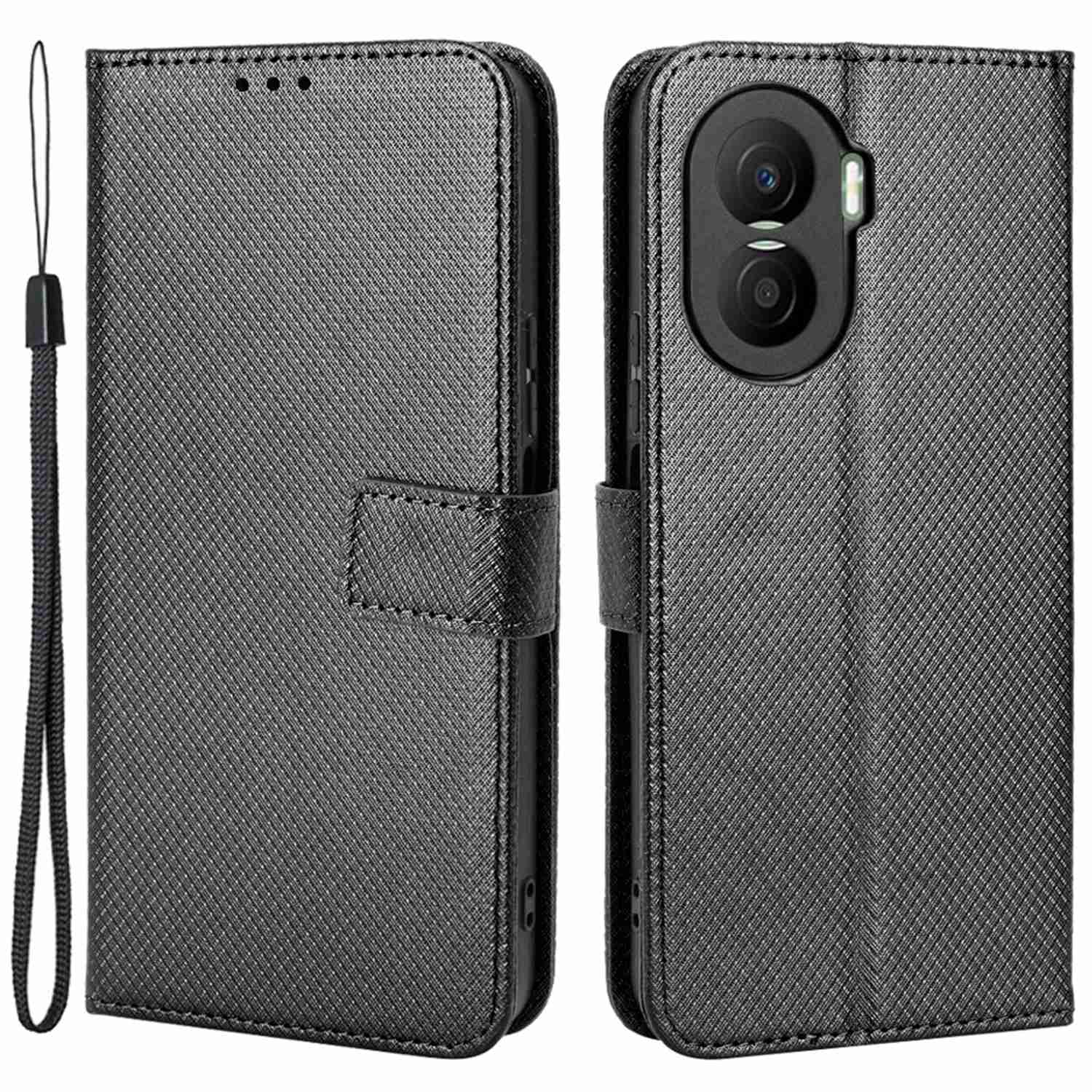 For Honor X40i 5G Drop-proof Phone Flip Wallet Case Well-protected Diamond Texture PU Leather Cover Stand Card Holder with Wrist Strap