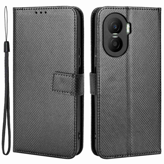 For Honor X40i 5G Drop-proof Phone Flip Wallet Case Well-protected Diamond Texture PU Leather Cover Stand Card Holder with Wrist Strap