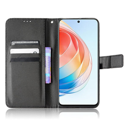 For Honor X40i 5G Drop-proof Phone Flip Wallet Case Well-protected Diamond Texture PU Leather Cover Stand Card Holder with Wrist Strap