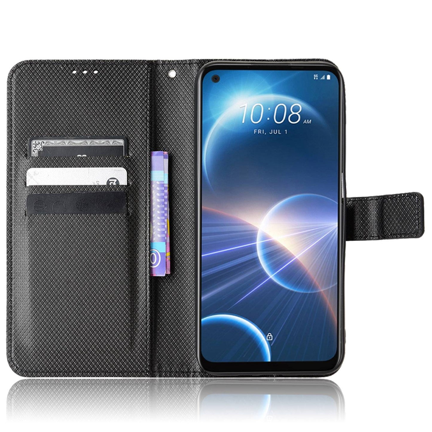 For HTC Desire 22 Pro 5G Drop-proof Phone Flip Wallet Case Non-slip Grip Diamond Texture PU Leather Cover Stand Card Holder with Wrist Strap