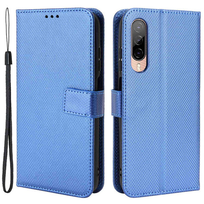 For HTC Desire 22 Pro 5G Drop-proof Phone Flip Wallet Case Non-slip Grip Diamond Texture PU Leather Cover Stand Card Holder with Wrist Strap