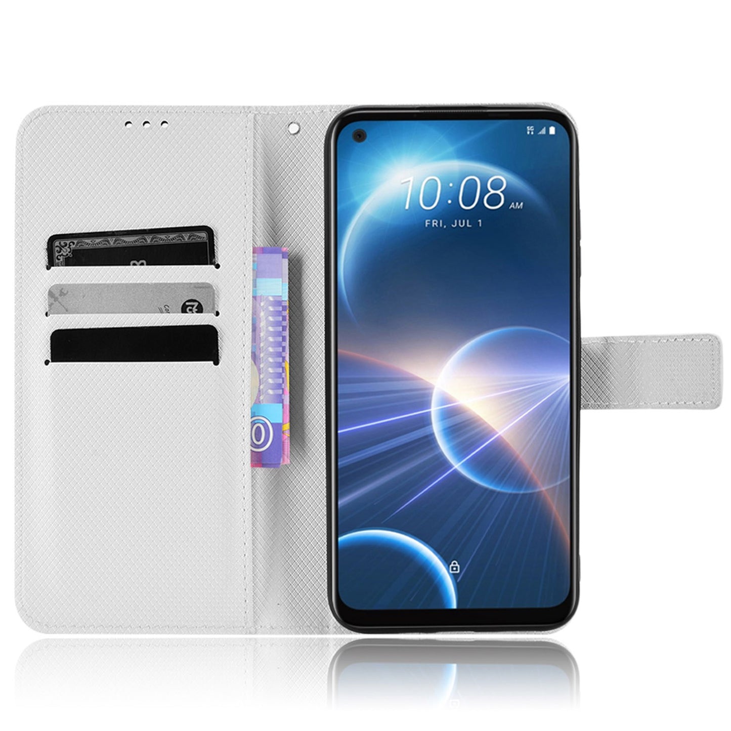 For HTC Desire 22 Pro 5G Drop-proof Phone Flip Wallet Case Non-slip Grip Diamond Texture PU Leather Cover Stand Card Holder with Wrist Strap