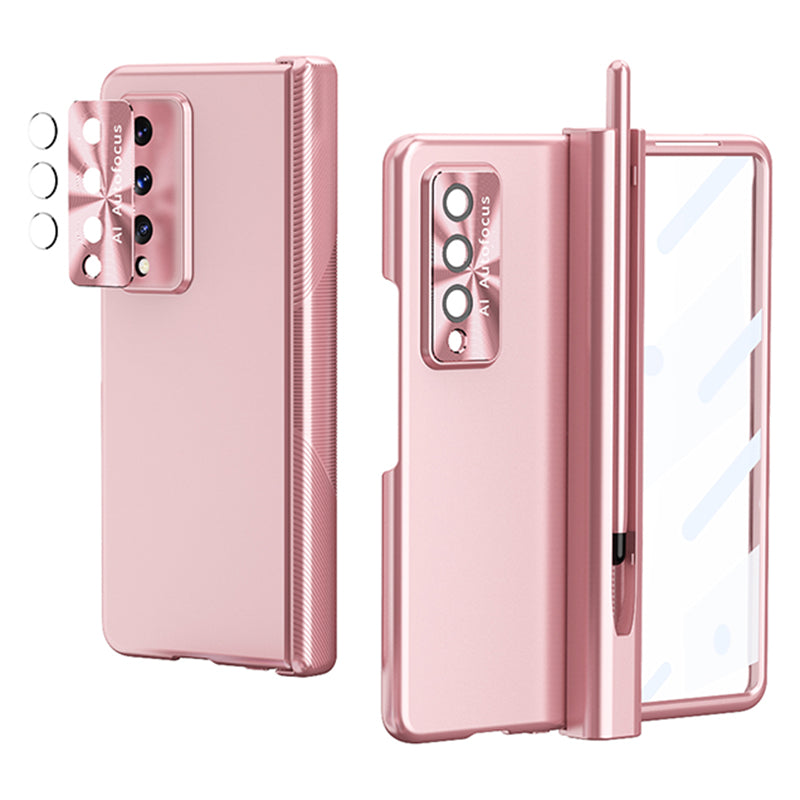 For Samsung Galaxy Z Fold3 5G Hinge + Stylus Pen Design Electroplating Hard PC Lens Protection Phone Case with Tempered Glass Screen Protector