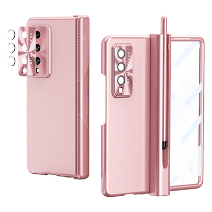 For Samsung Galaxy Z Fold3 5G Hinge + Stylus Pen Design Electroplating Hard PC Lens Protection Phone Case with Tempered Glass Screen Protector