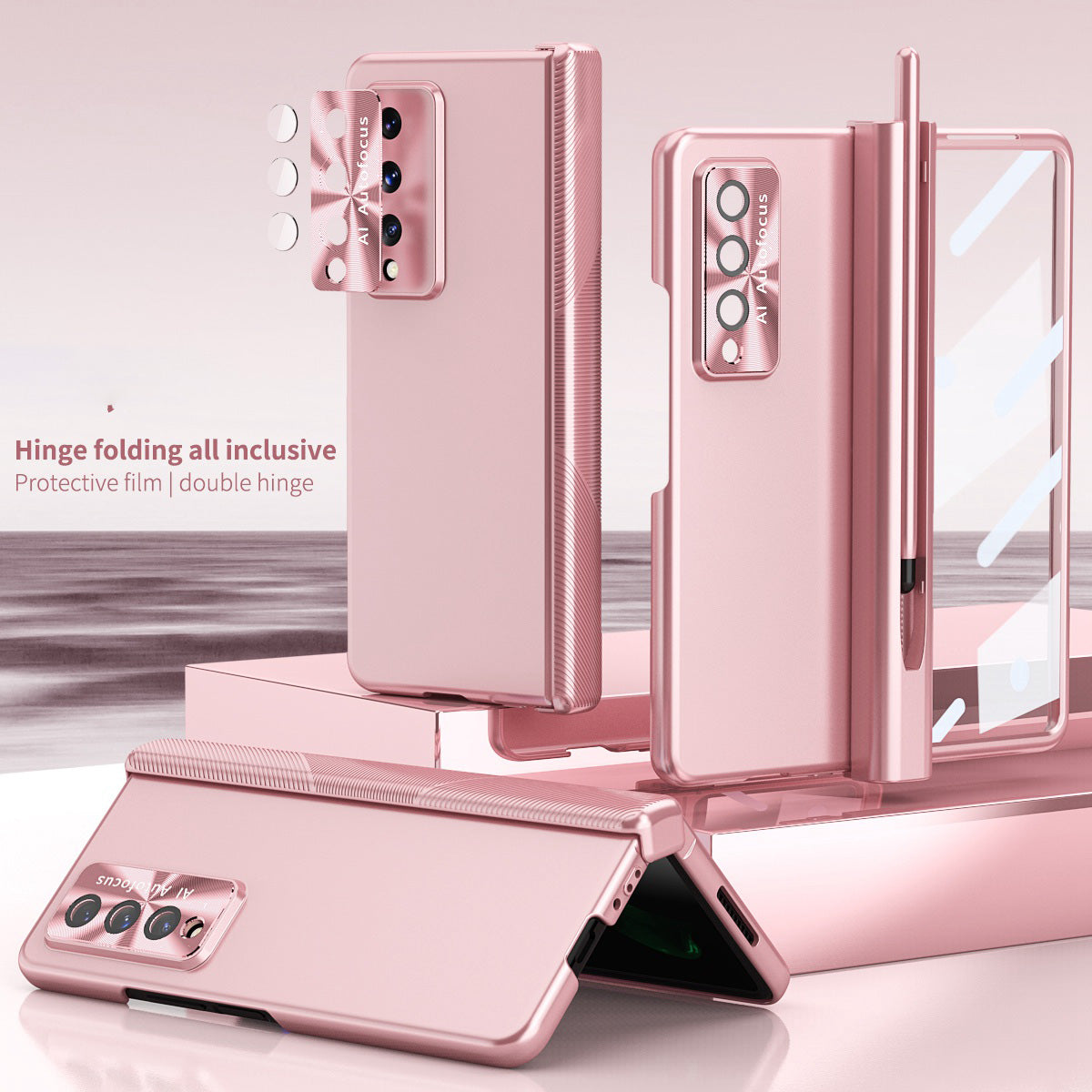 For Samsung Galaxy Z Fold3 5G Hinge + Stylus Pen Design Electroplating Hard PC Lens Protection Phone Case with Tempered Glass Screen Protector