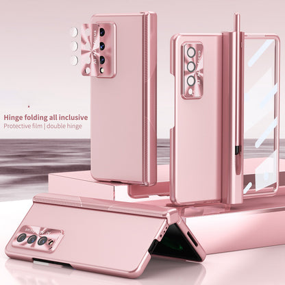 For Samsung Galaxy Z Fold3 5G Hinge + Stylus Pen Design Electroplating Hard PC Lens Protection Phone Case with Tempered Glass Screen Protector