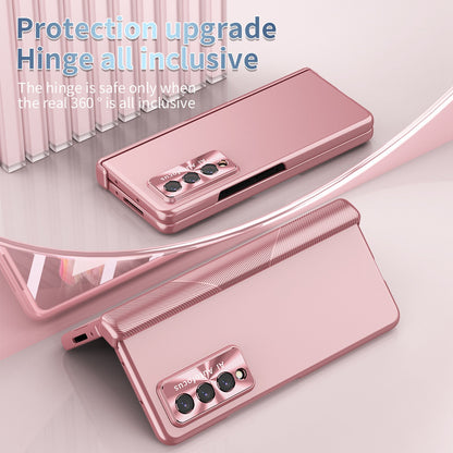 For Samsung Galaxy Z Fold3 5G Hinge + Stylus Pen Design Electroplating Hard PC Lens Protection Phone Case with Tempered Glass Screen Protector