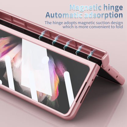 For Samsung Galaxy Z Fold3 5G Hinge + Stylus Pen Design Electroplating Hard PC Lens Protection Phone Case with Tempered Glass Screen Protector