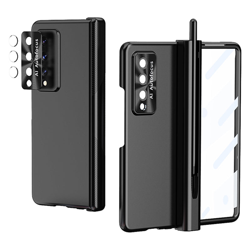 For Samsung Galaxy Z Fold3 5G Hinge + Stylus Pen Design Electroplating Hard PC Lens Protection Phone Case with Tempered Glass Screen Protector