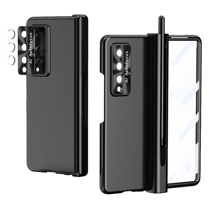 For Samsung Galaxy Z Fold3 5G Hinge + Stylus Pen Design Electroplating Hard PC Lens Protection Phone Case with Tempered Glass Screen Protector
