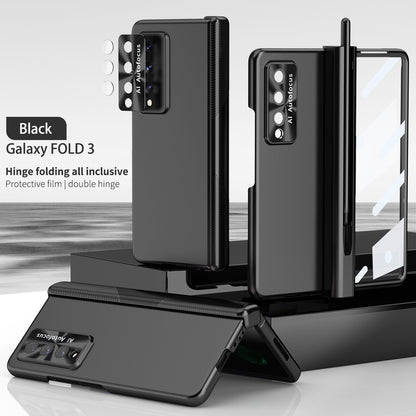 For Samsung Galaxy Z Fold3 5G Hinge + Stylus Pen Design Electroplating Hard PC Lens Protection Phone Case with Tempered Glass Screen Protector