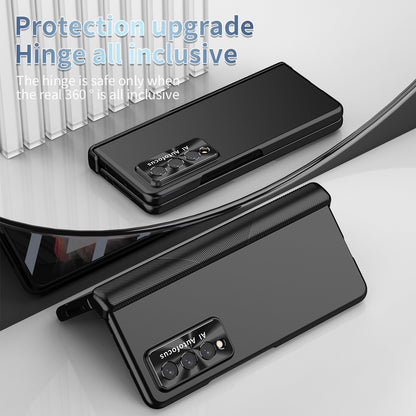 For Samsung Galaxy Z Fold3 5G Hinge + Stylus Pen Design Electroplating Hard PC Lens Protection Phone Case with Tempered Glass Screen Protector