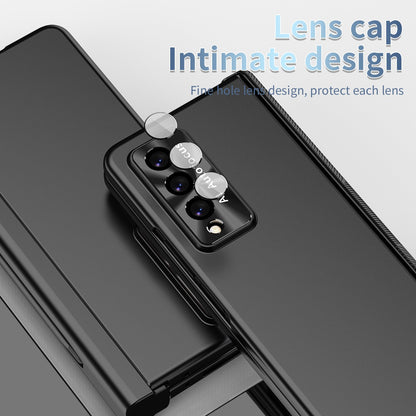 For Samsung Galaxy Z Fold3 5G Hinge + Stylus Pen Design Electroplating Hard PC Lens Protection Phone Case with Tempered Glass Screen Protector
