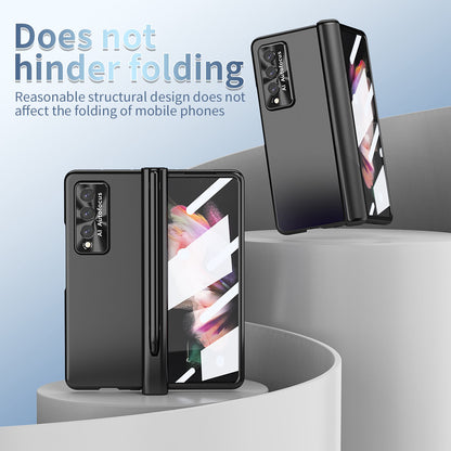 For Samsung Galaxy Z Fold3 5G Hinge + Stylus Pen Design Electroplating Hard PC Lens Protection Phone Case with Tempered Glass Screen Protector