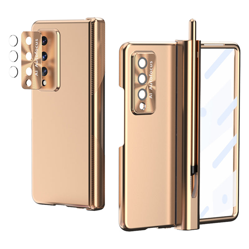 For Samsung Galaxy Z Fold3 5G Hinge + Stylus Pen Design Electroplating Hard PC Lens Protection Phone Case with Tempered Glass Screen Protector