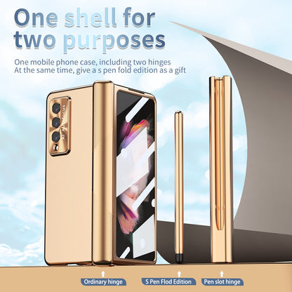 For Samsung Galaxy Z Fold3 5G Hinge + Stylus Pen Design Electroplating Hard PC Lens Protection Phone Case with Tempered Glass Screen Protector