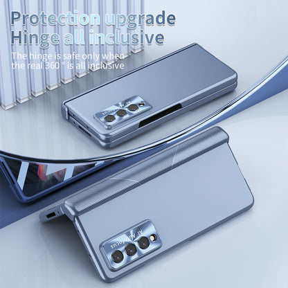 For Samsung Galaxy Z Fold3 5G Hinge + Stylus Pen Design Electroplating Hard PC Lens Protection Phone Case with Tempered Glass Screen Protector