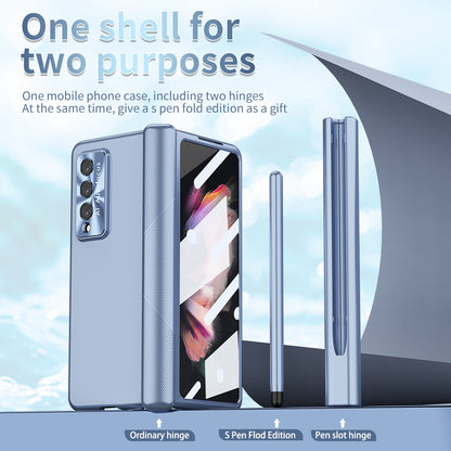 For Samsung Galaxy Z Fold3 5G Hinge + Stylus Pen Design Electroplating Hard PC Lens Protection Phone Case with Tempered Glass Screen Protector