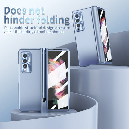 For Samsung Galaxy Z Fold3 5G Hinge + Stylus Pen Design Electroplating Hard PC Lens Protection Phone Case with Tempered Glass Screen Protector