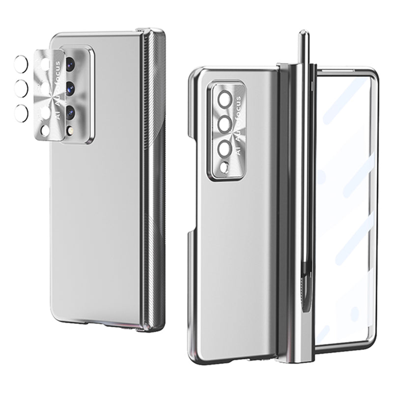 For Samsung Galaxy Z Fold3 5G Hinge + Stylus Pen Design Electroplating Hard PC Lens Protection Phone Case with Tempered Glass Screen Protector