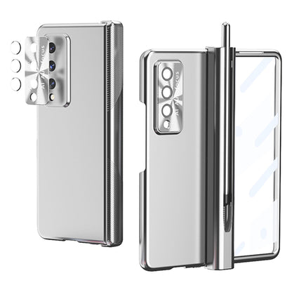 For Samsung Galaxy Z Fold3 5G Hinge + Stylus Pen Design Electroplating Hard PC Lens Protection Phone Case with Tempered Glass Screen Protector