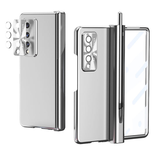 For Samsung Galaxy Z Fold3 5G Hinge + Stylus Pen Design Electroplating Hard PC Lens Protection Phone Case with Tempered Glass Screen Protector