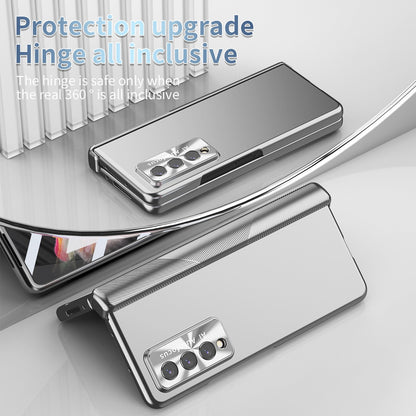 For Samsung Galaxy Z Fold3 5G Hinge + Stylus Pen Design Electroplating Hard PC Lens Protection Phone Case with Tempered Glass Screen Protector