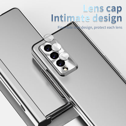 For Samsung Galaxy Z Fold3 5G Hinge + Stylus Pen Design Electroplating Hard PC Lens Protection Phone Case with Tempered Glass Screen Protector