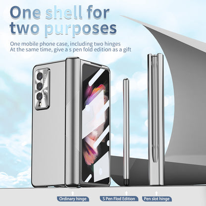 For Samsung Galaxy Z Fold3 5G Hinge + Stylus Pen Design Electroplating Hard PC Lens Protection Phone Case with Tempered Glass Screen Protector