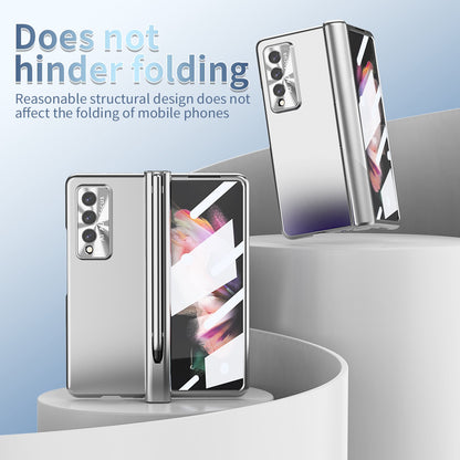 For Samsung Galaxy Z Fold3 5G Hinge + Stylus Pen Design Electroplating Hard PC Lens Protection Phone Case with Tempered Glass Screen Protector