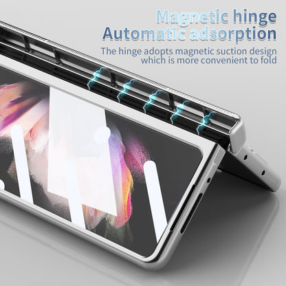 For Samsung Galaxy Z Fold3 5G Hinge + Stylus Pen Design Electroplating Hard PC Lens Protection Phone Case with Tempered Glass Screen Protector