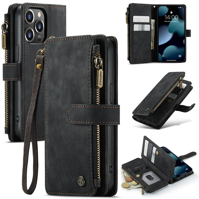 CASEME C30 Series for iPhone 13 Pro 6.1 inch All-round Protection Phone Wallet Case Stand Zipper Pocket PU Leather Magnetic Back Cover with Multiple Card Slots