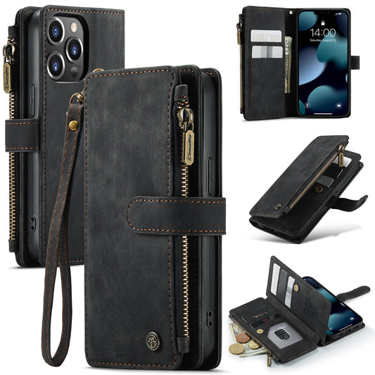 CASEME C30 Series for iPhone 13 Pro 6.1 inch All-round Protection Phone Wallet Case Stand Zipper Pocket PU Leather Magnetic Back Cover with Multiple Card Slots